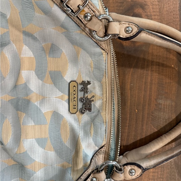 COACH MADISON SATCHEL Blue Cream Signature C Fabric Leather Trim Handbag Purse - Picture 3 of 14